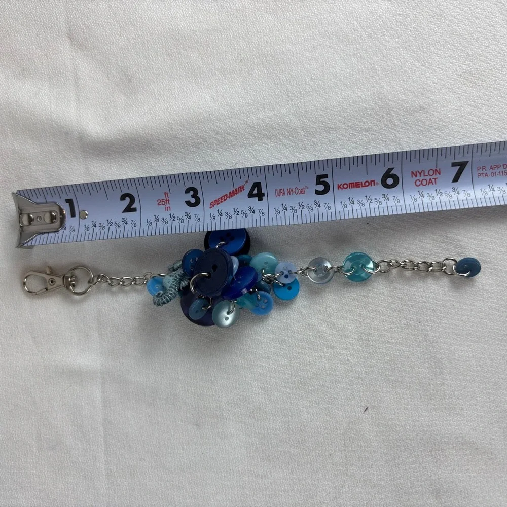 Handmade Blue Button Cluster Bag Charm Seahorse Nautical Keychain Silver Tone